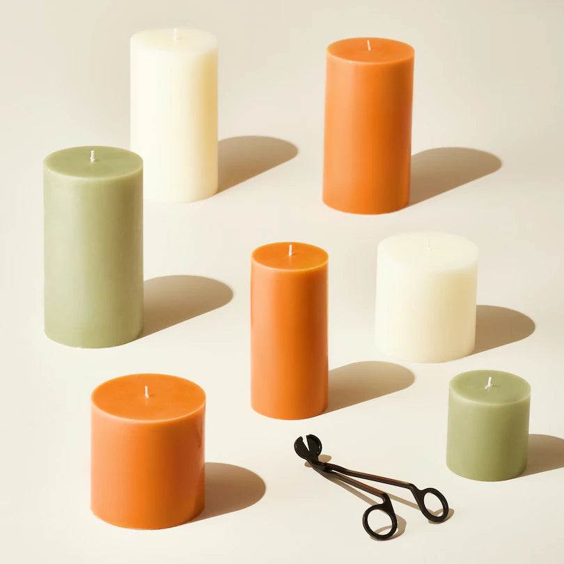 terracotta sage and cream long pillar candles