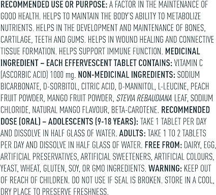 Ingredients list for Organika Instant-C Effervescent- Peach Mango, 1000mg Vitamin C, Immune Support Tablets