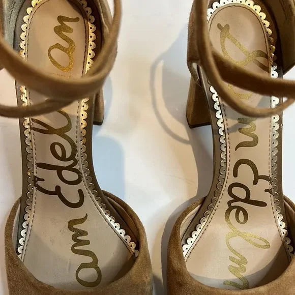 Sam Edelman “Simmons” Caramel Kid Suede Block Heel Ankle Strap Shoes Size 6