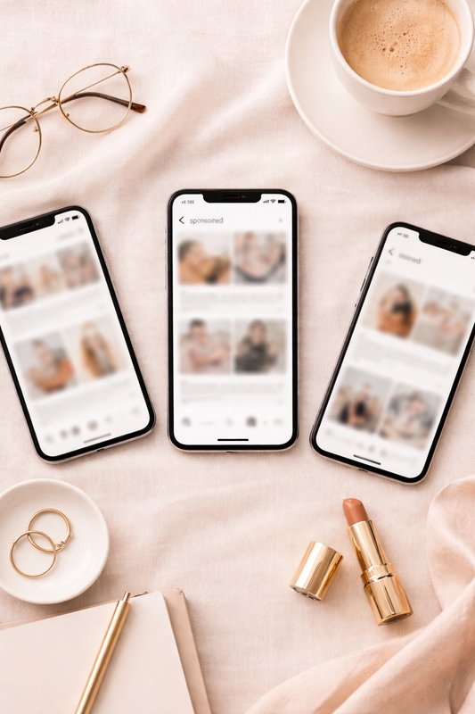 Minimal neutral flat lay with smartphone and soft lifestyle elements representing impulse buying and online influence.