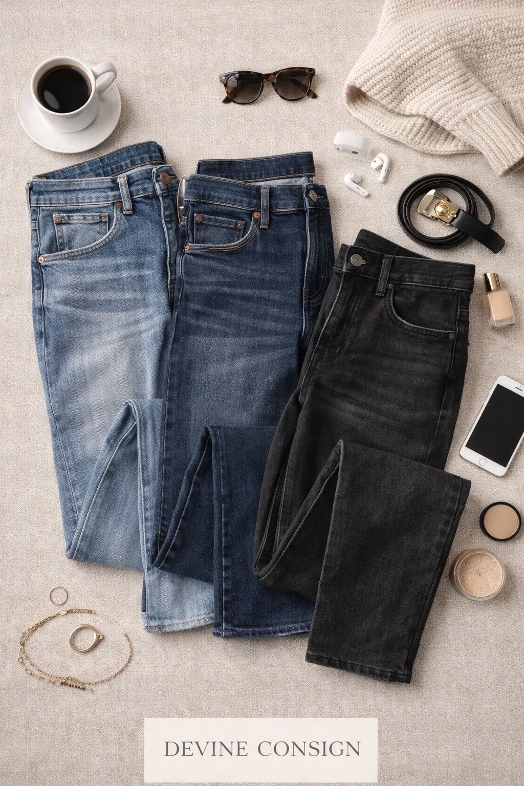 Flat lay photograph of folded denim jeans in classic washes, highlighting the durability and timeless appeal of high-quality secondhand denim.