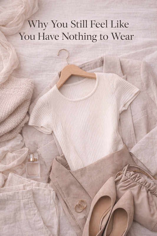 Minimal neutral wardrobe flat lay representing intentional style and simplicity.