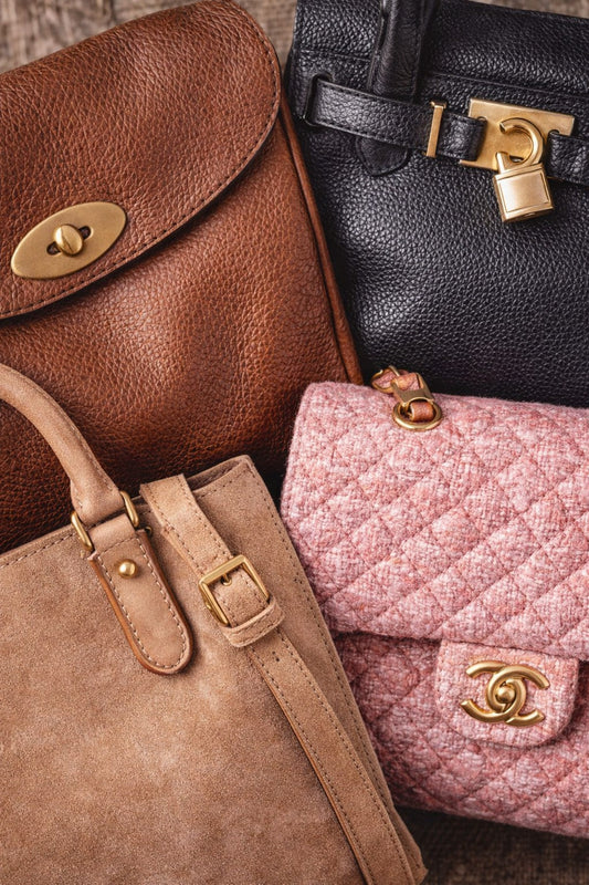 Flat lay of leather handbags in different textures and finishes, showing the variety of leather types used in secondhand bags. 