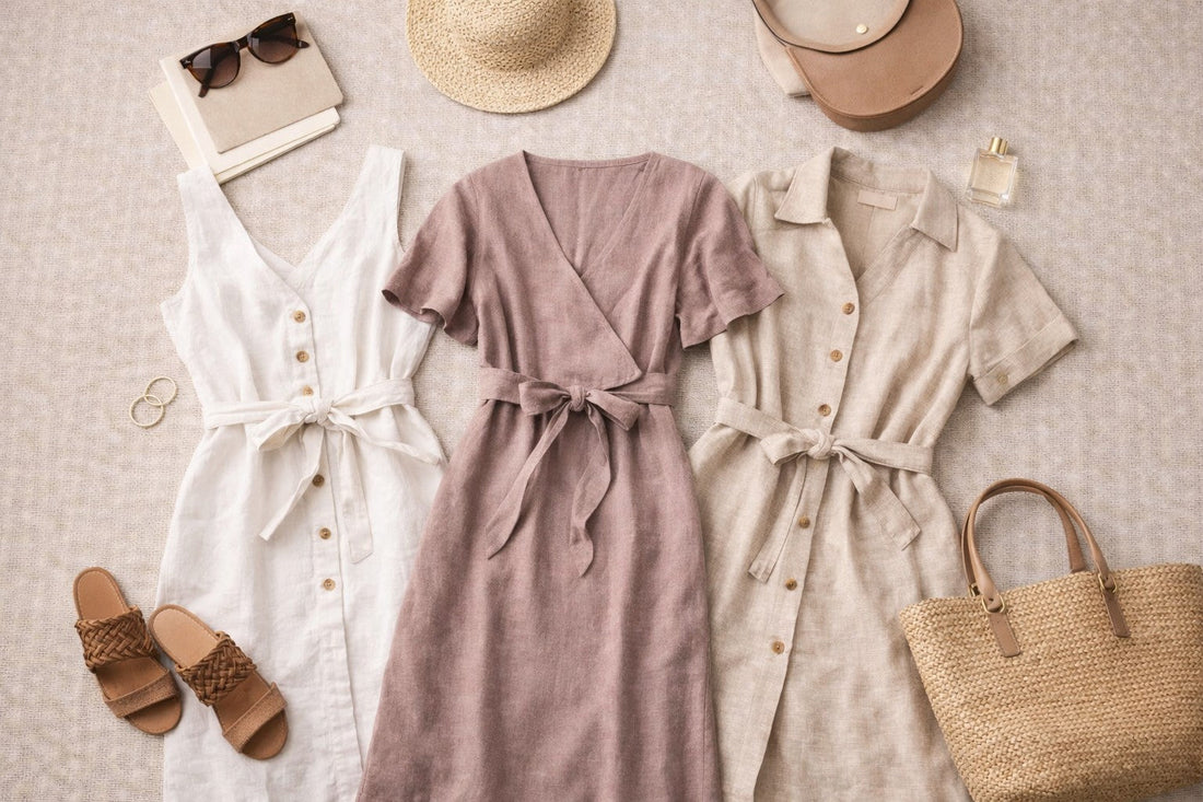 Flat lay photograph of neutral-toned linen dresses styled together to highlight their versatility and suitability for everyday wear.