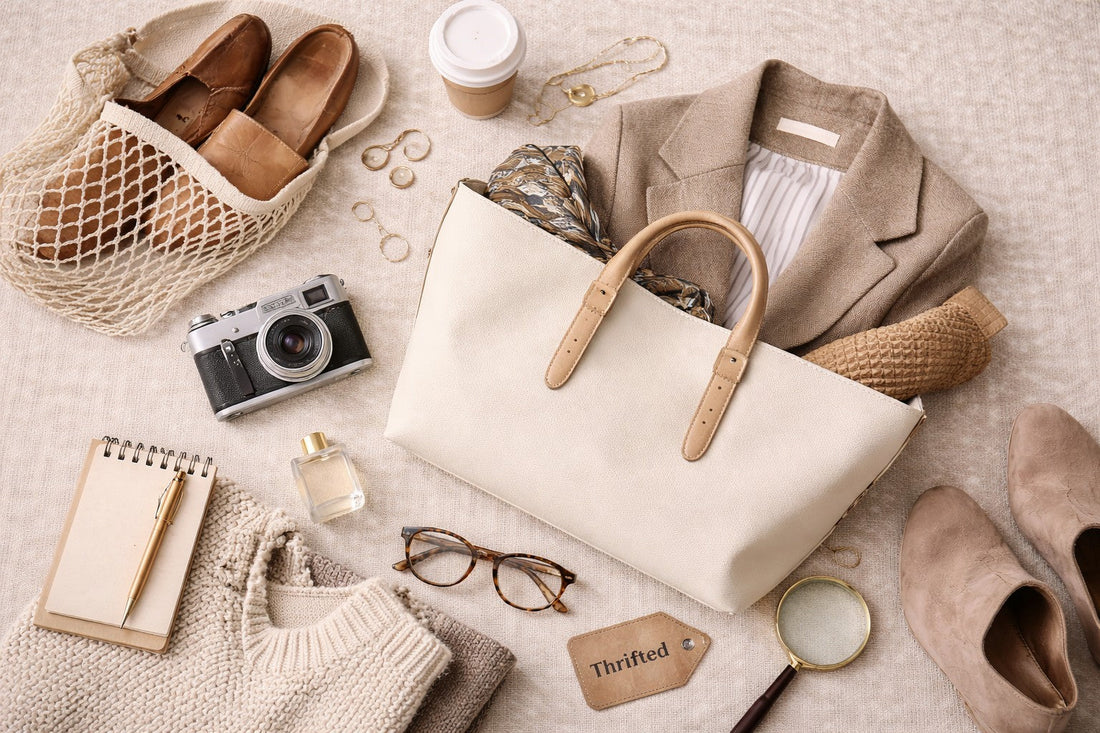 Flat lay photograph of secondhand clothing and accessories arranged thoughtfully, representing common shopping mistakes and how to avoid them.