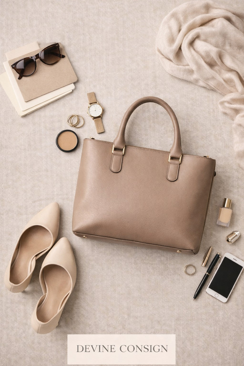 Flat lay photograph of neutral-toned handbags arranged together, highlighting the timeless appeal and practicality of secondhand handbags.
