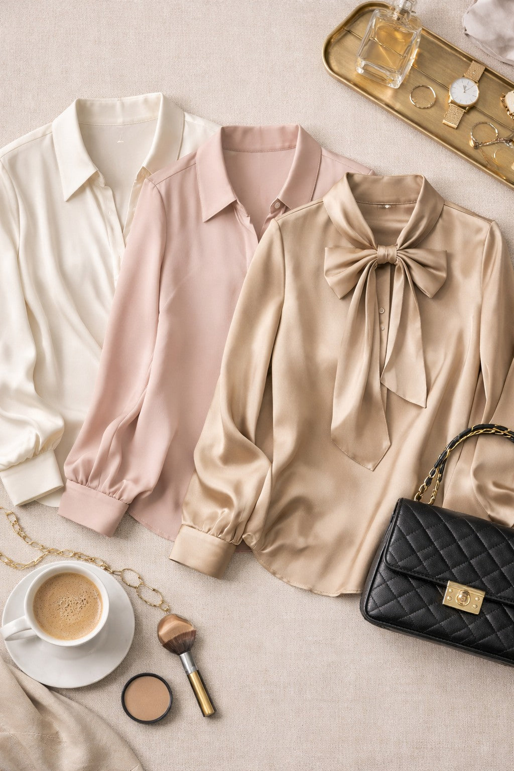 Flat lay photograph of a white silk blouse styled with neutral wardrobe staples, showcasing its versatility as an everyday wardrobe essential.
