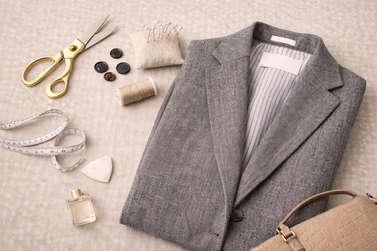 Flat lay photograph of tailoring tools and a structured garment, highlighting the importance of fit and tailoring in secondhand clothing.