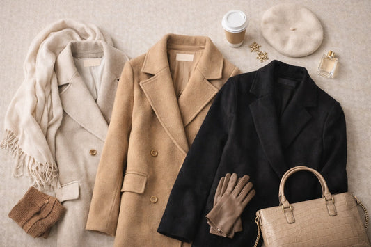 Flat lay photograph of a wool coat and jacket in neutral tones, styled to highlight the durability and timeless appeal of secondhand wool outerwear.