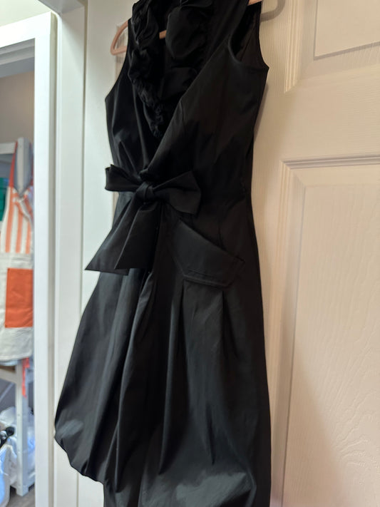 Samuel Dong Black Satin Ruffle Dress with Tie Sz Xs