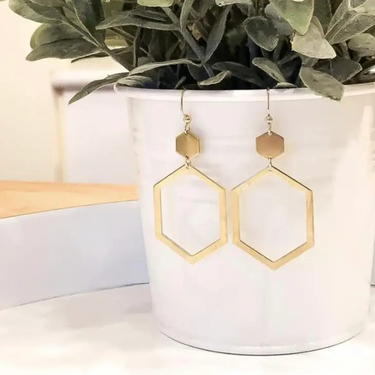 Brass Hexagon Dangle Earrings