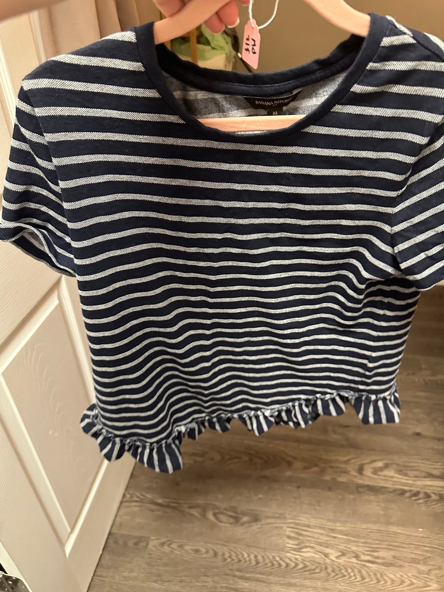 Banana Republic Navy Stripe Ruffle Top Sz M