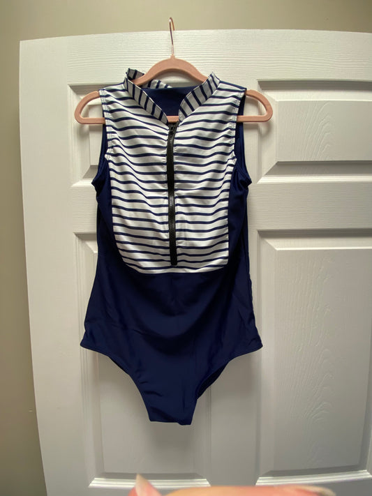 Navy Striped One Piece Swimsuit Sz M/L