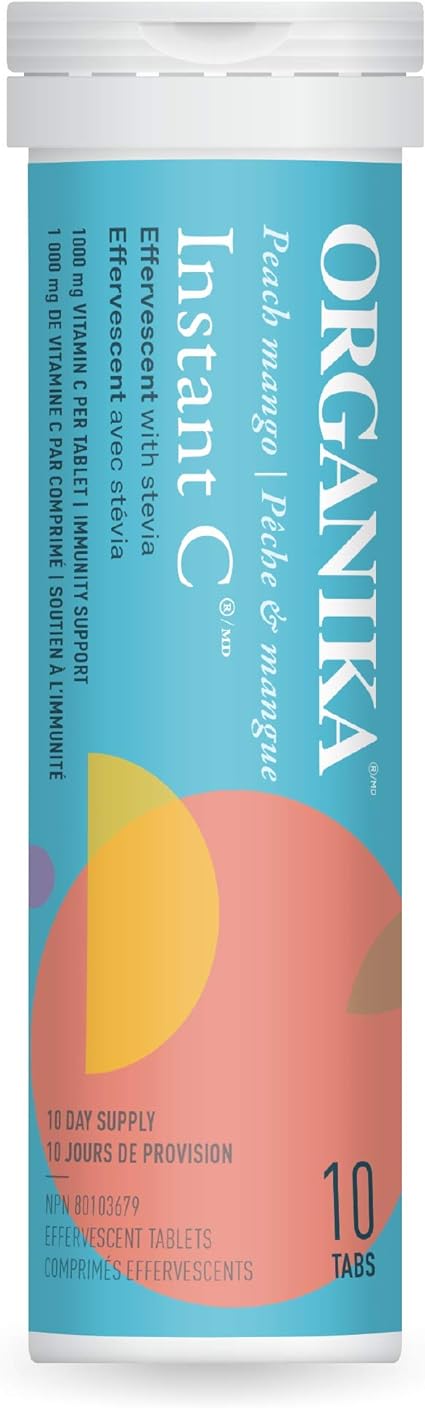 Organika Instant-C Effervescent- Peach Mango, 1000mg Vitamin C, Immune Support Tablets