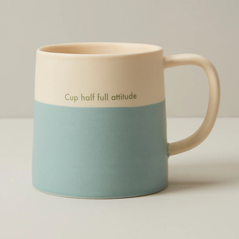 cup half full attitude white blue ceramic mug 