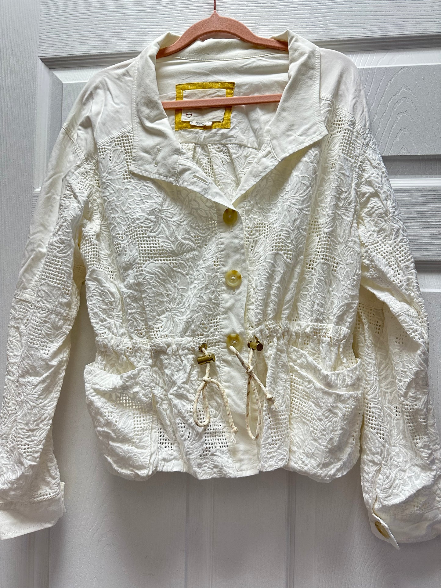 White Lace Anthropologie Jacket in a Size Medium with long sleeves