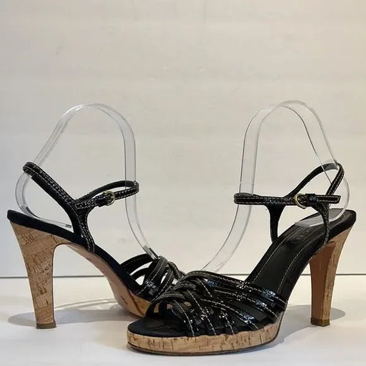Coach “Stephany” Black Patent Leather Cork Heeled Platform Sandals Size 6.5