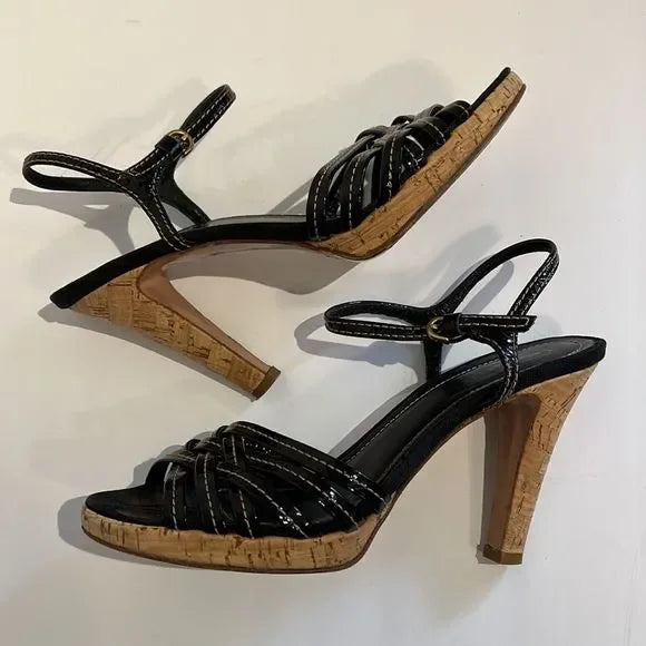 Coach “Stephany” Black Patent Leather Cork Heeled Platform Sandals Size 6.5