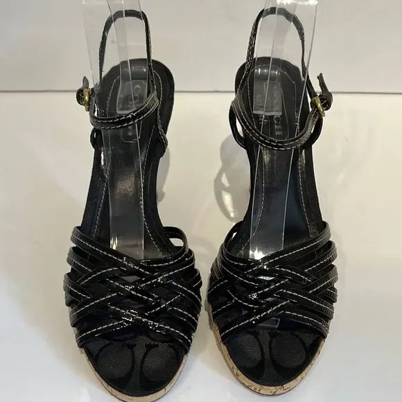 Coach “Stephany” Black Patent Leather Cork Heeled Platform Sandals Size 6.5