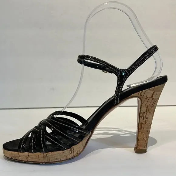 Coach “Stephany” Black Patent Leather Cork Heeled Platform Sandals Size 6.5