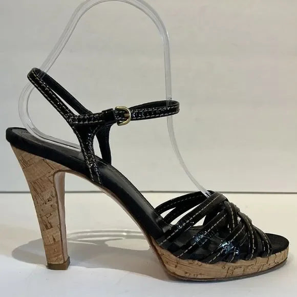 Coach “Stephany” Black Patent Leather Cork Heeled Platform Sandals Size 6.5