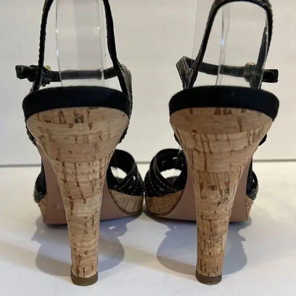 Coach “Stephany” Black Patent Leather Cork Heeled Platform Sandals Size 6.5