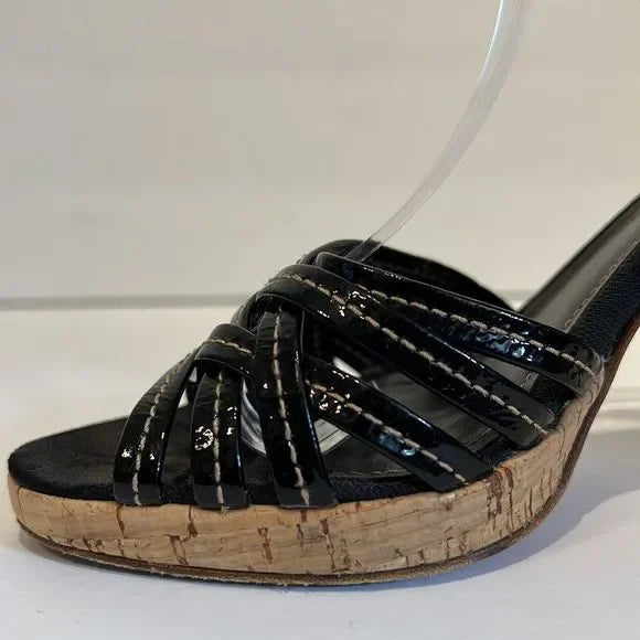 Coach “Stephany” Black Patent Leather Cork Heeled Platform Sandals Size 6.5