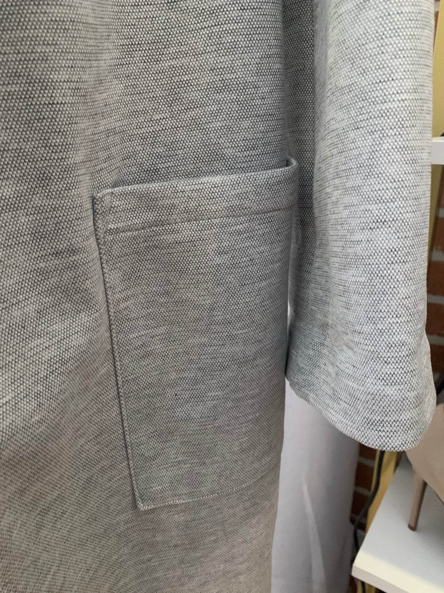 Dex Long Grey Blazer Style Jacket Size Medium. Close up of pocket. 