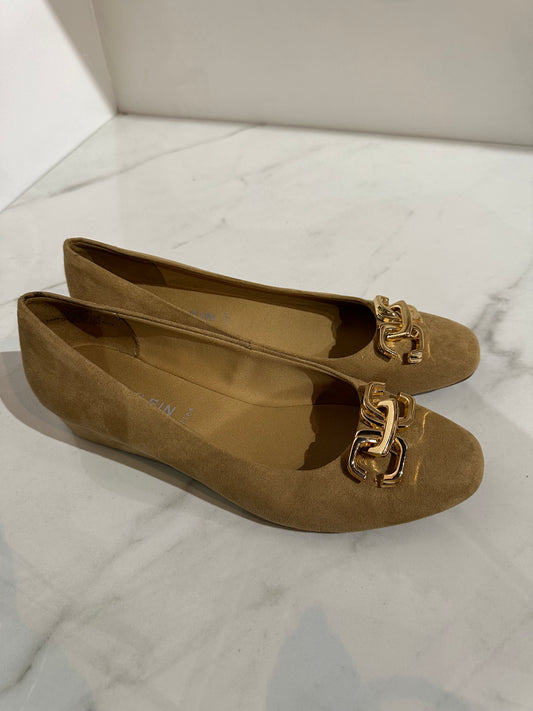 Brown Anne Klein Flat Wedge Loafer with Gold Hardware