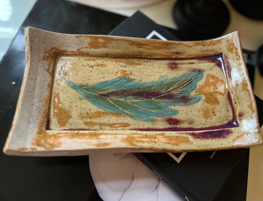 Handmade Ceramic Pottery Tray/Dish with Hand Painted Feather