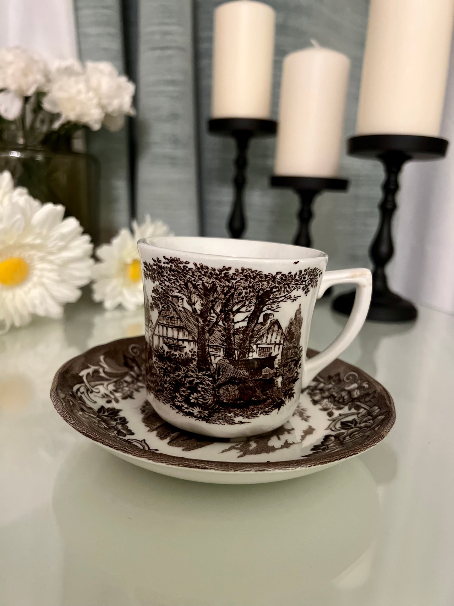 J&G Meakin Royal Staffordshire Romantic England Brown Flat Cup And Saucer