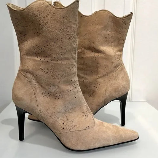 ROBERTO VIANNI TAN SUEDE HEEL BOOTS SIZE 38 MADE IN ITALY