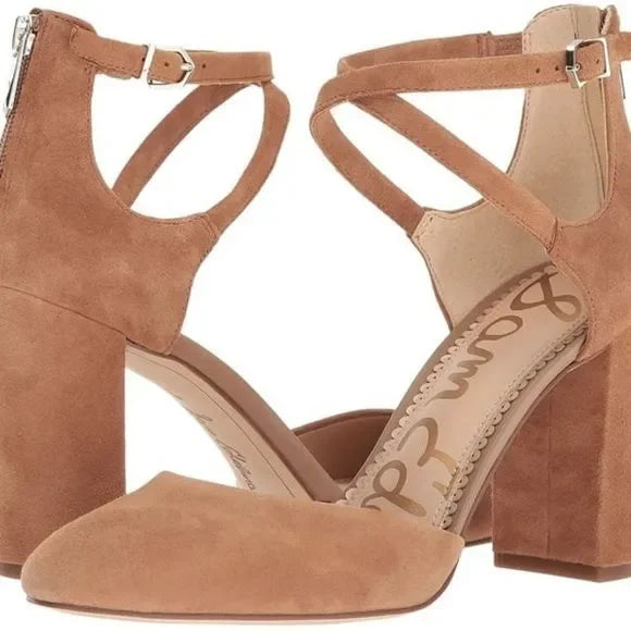 Sam Edelman “Simmons” Caramel Kid Suede Block Heel Ankle Strap Shoes Size 6