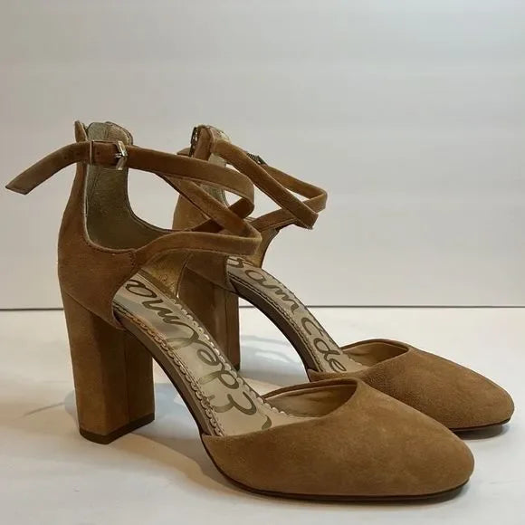 Sam Edelman “Simmons” Caramel Kid Suede Block Heel Ankle Strap Shoes Size 6