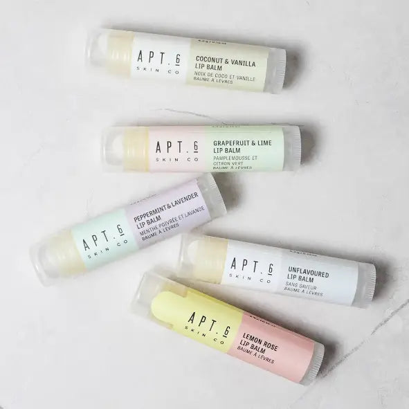 Lip Balms in Grapefruit Lime Mint Bubble Gum Rose Vanilla 