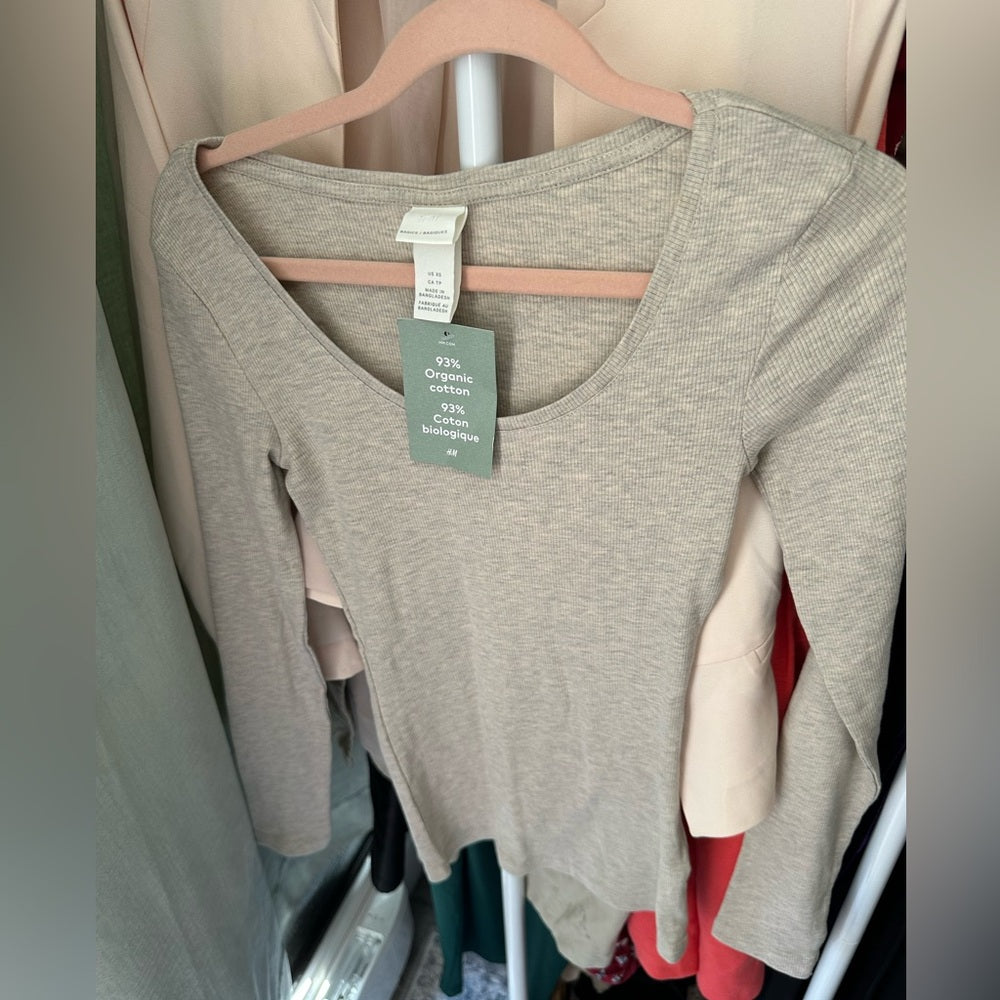 H&M Organic Cotton Ribbed Top in Light Beige