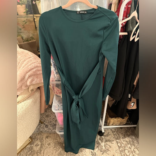 SHEIN Teal Long Sleeve Dress with Tie-Front