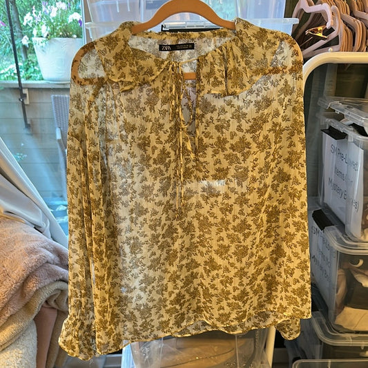 Zara Women's Sheer Floral Blouse - Cream and Brown