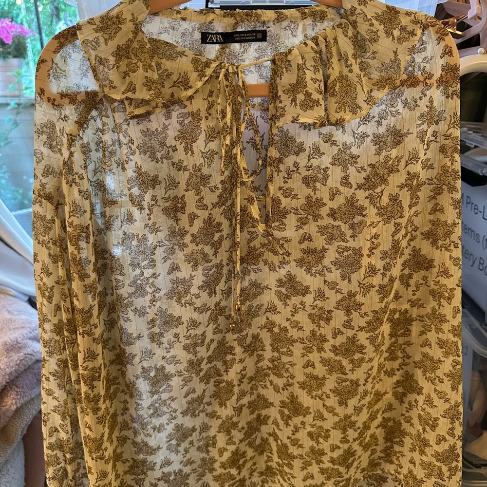 Zara Women's Sheer Floral Blouse - Cream and Brown