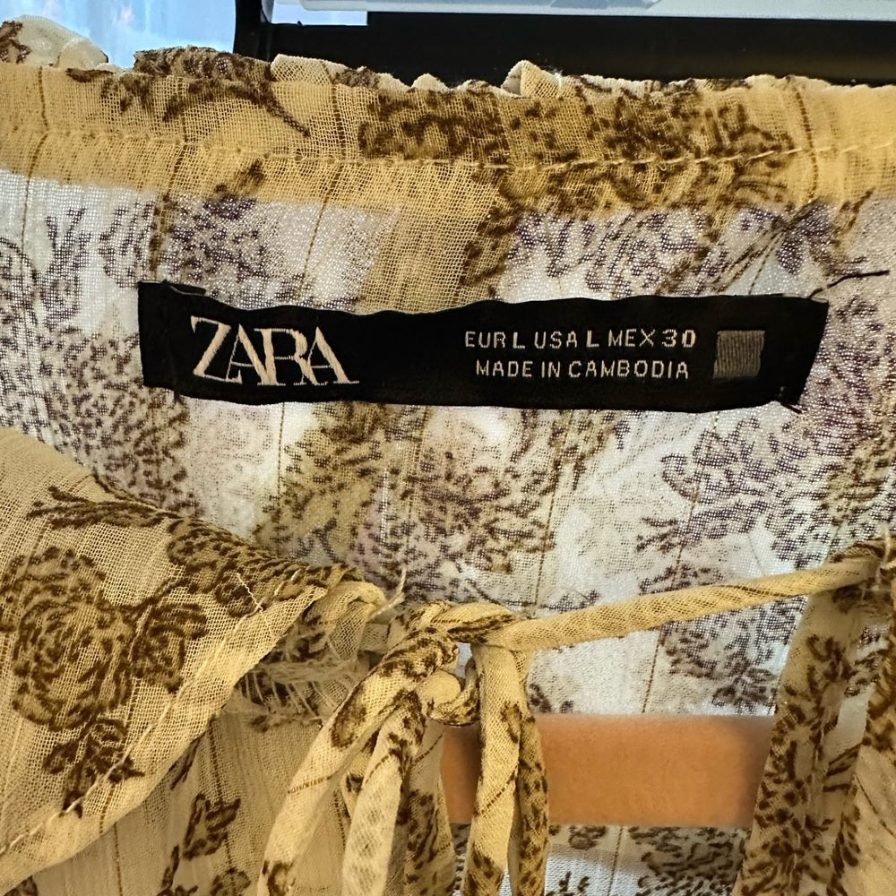 Zara Women's Sheer Floral Blouse - Cream and Brown