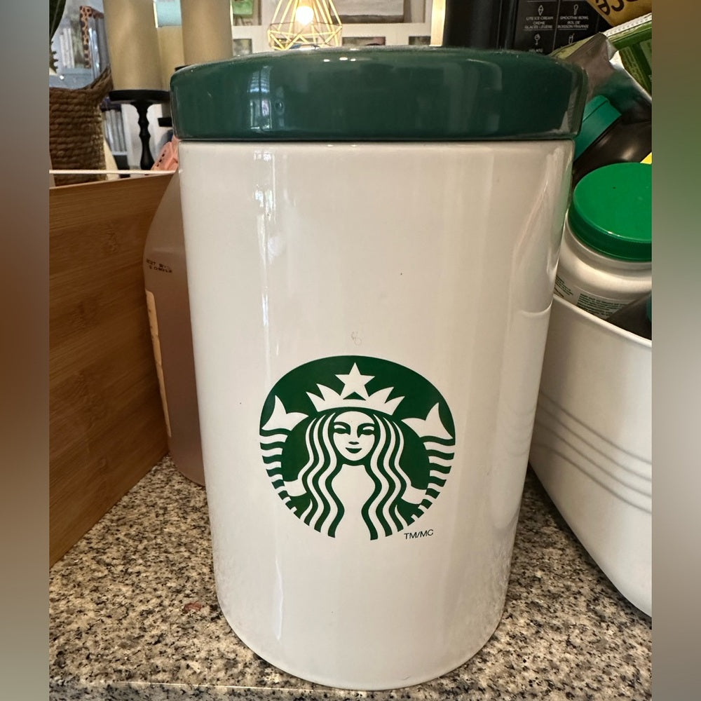 Vintage Starbucks Green and White Ceramic Coffee Canister