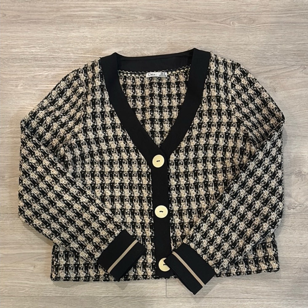Dex M Black and Cream Checkered Cardigan Jacket