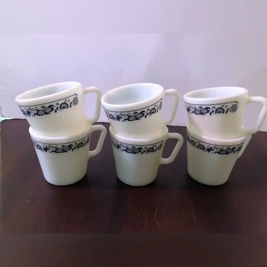 6 Vintage Pyrex Coffee Mugs / Cups With Blue Design