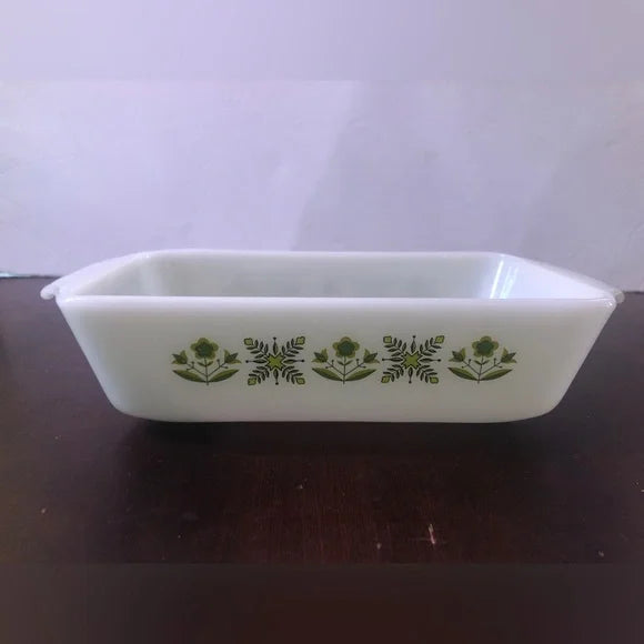 Vintage Anchor Hocking Casserole Dish With Green Design