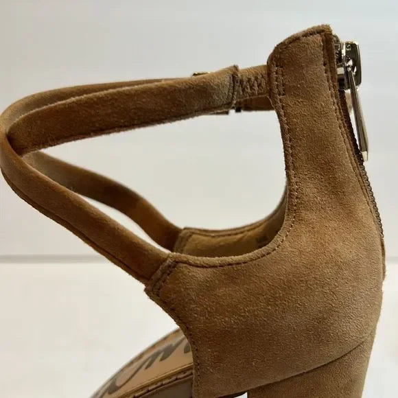 Sam Edelman “Simmons” Caramel Kid Suede Block Heel Ankle Strap Shoes Size 6