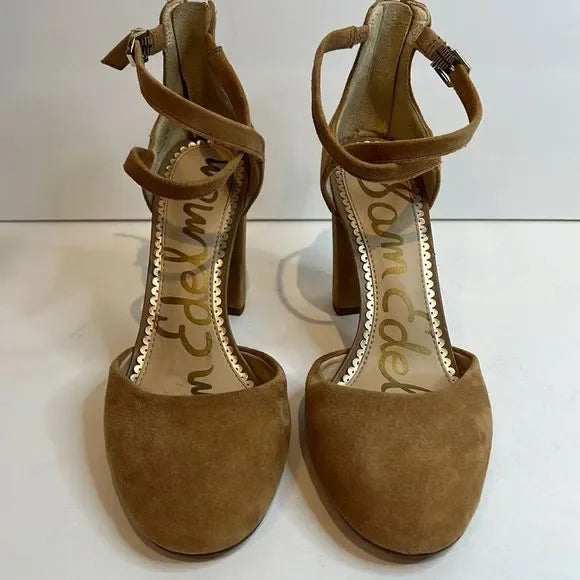 Sam Edelman “Simmons” Caramel Kid Suede Block Heel Ankle Strap Shoes Size 6