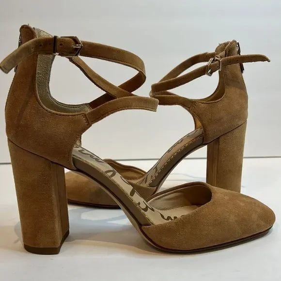 Sam Edelman “Simmons” Caramel Kid Suede Block Heel Ankle Strap Shoes Size 6