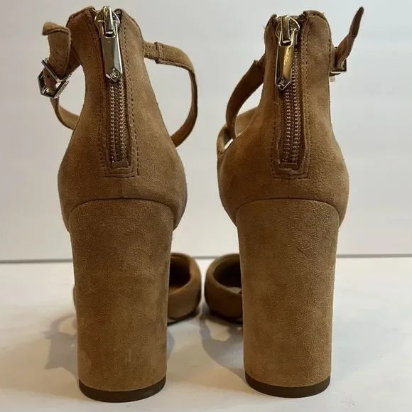 Sam Edelman “Simmons” Caramel Kid Suede Block Heel Ankle Strap Shoes Size 6