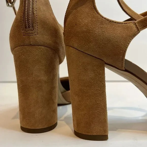 Sam Edelman “Simmons” Caramel Kid Suede Block Heel Ankle Strap Shoes Size 6